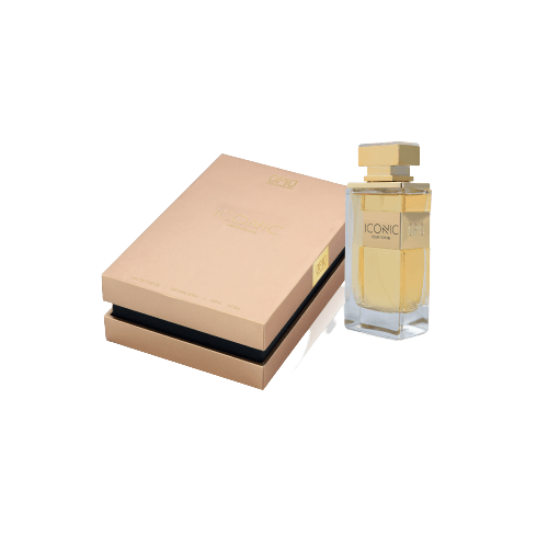 Gold perfume bottle and box with "OPIO ICONIC Elegance".