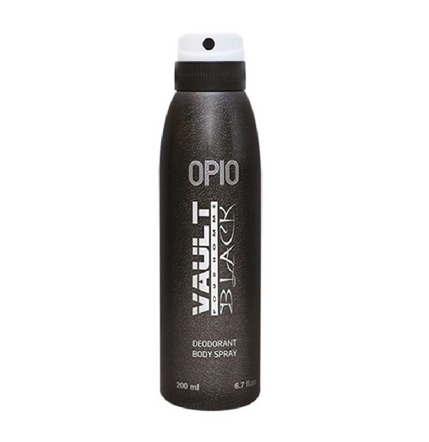 A bottle of 'VAULT BLACK' deodoeant body spray.