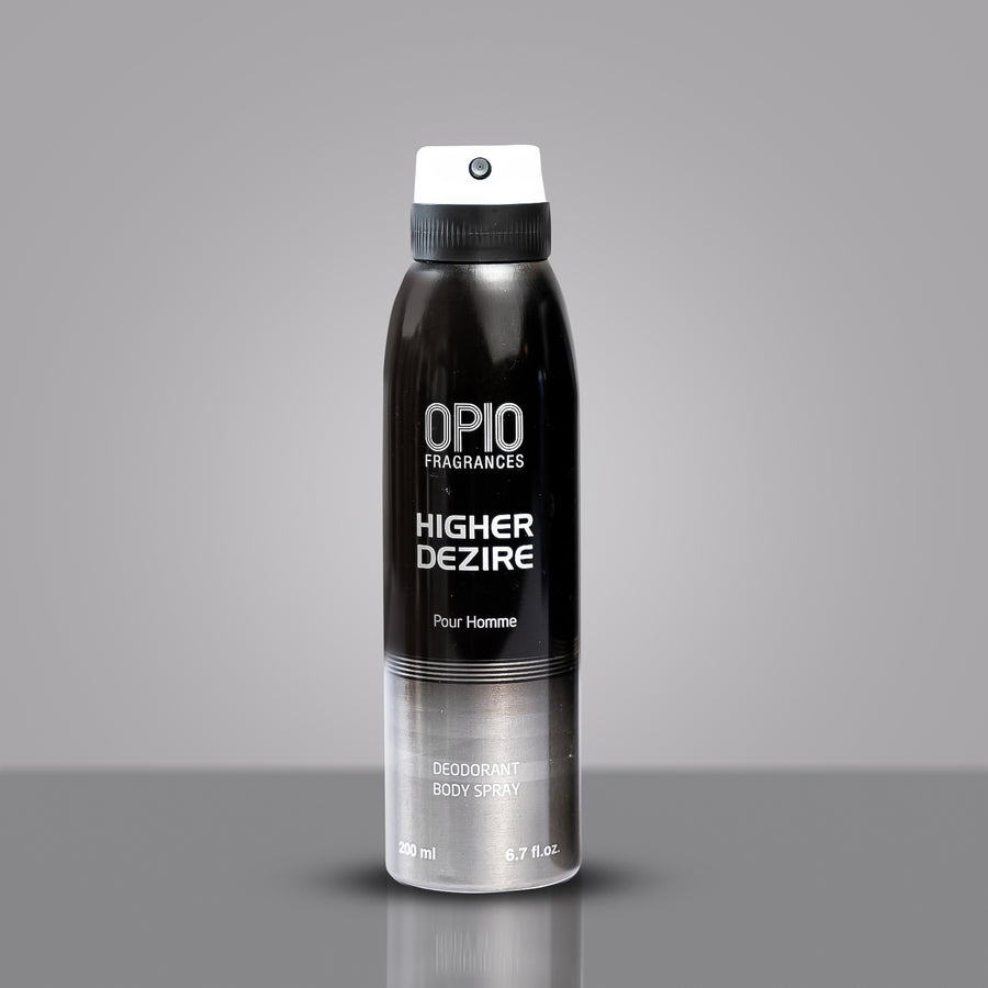 A black spray bottle labeled 'OPIO FRAGRANCES HIGHER DEZIRE' indicating a body spray for men.