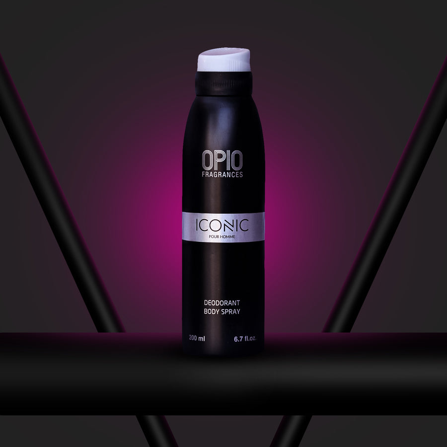 A spray bottle of ICONIC MEN BODY SPRAY by OPIO, with a black and purple color scheme.