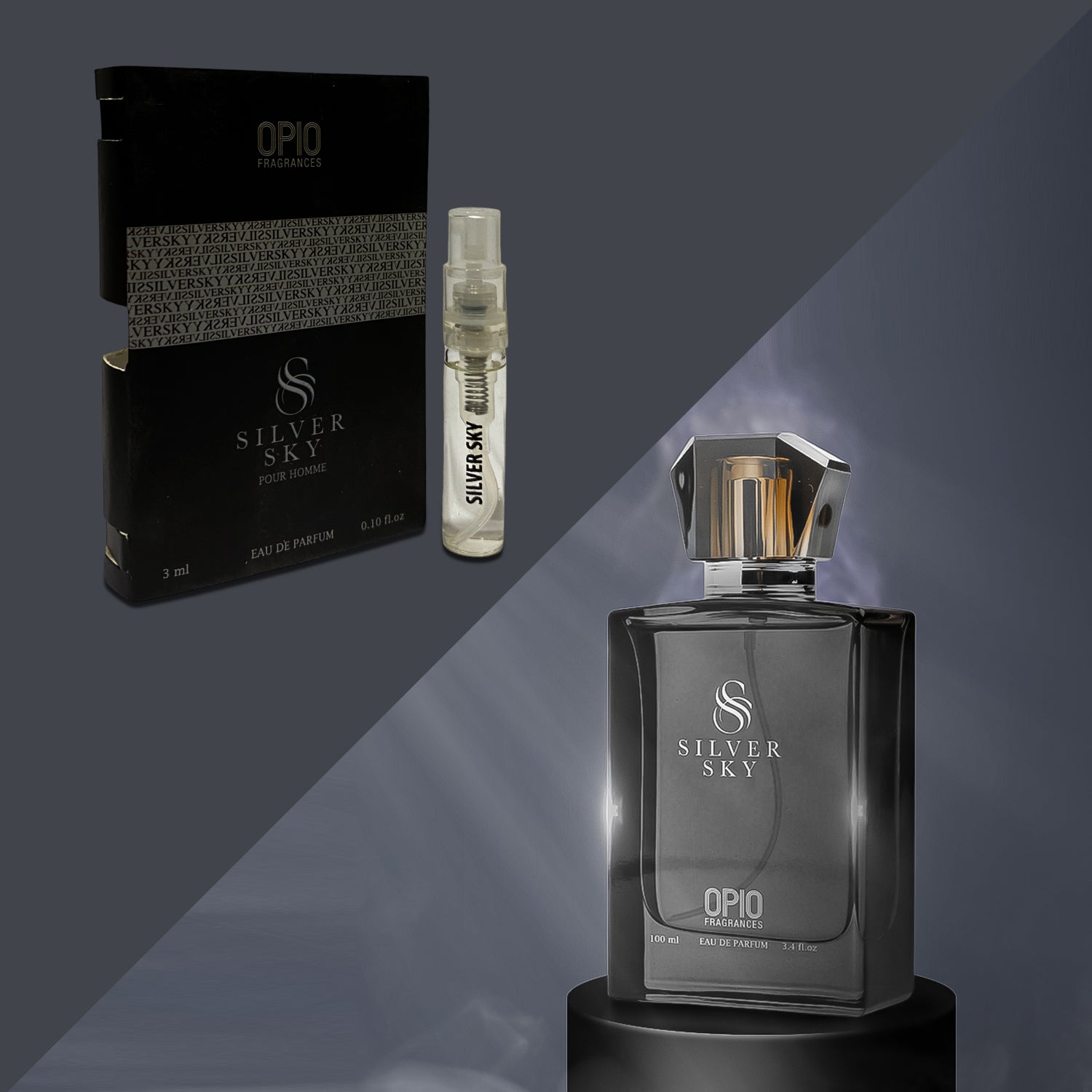 A 3ml mini perfume bottle labeled 'SILVER SKY' with a sample vial beside it, against a dark background.